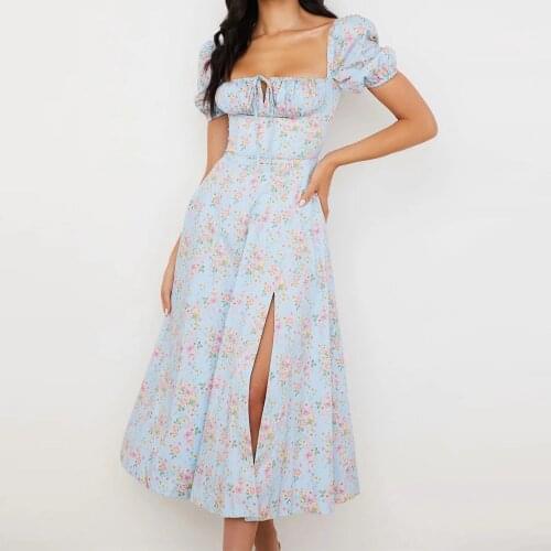 2021 Flower Print Dress Sweet Square Neck Puff Sleeve Side Spilt Drawstring Maxi Dresses for Women Party Outfits Floral vestidos