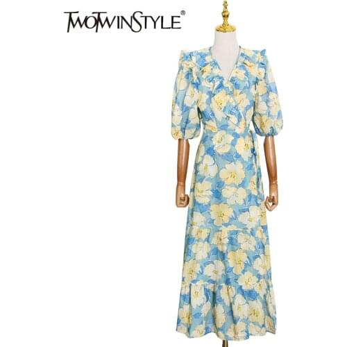 TWOTWINSTYLE Floral Print Patchwork Bow Dress For Women V Neck Puff Sleeve High Waist Hit Color Vintage Dresses Female Fashion