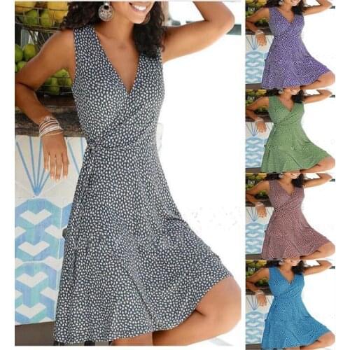 2021 Summer Polka Dot Dress Womens Beach Boho Style Sexy Elegant Tight Dress Sleeveless Midi Skirt Party