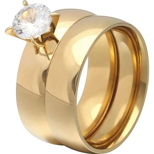 Gold White 8Mm Zircon Men Stainless Steel Rings Wedding Rings Sets For Women Jewelry 6Mm Width Pack Of 3Sets