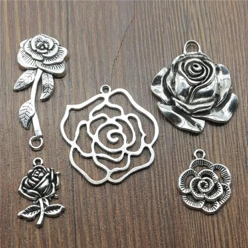 10pcs Charms Rose Antique Silver Color Rose Flower Charms Pendants For Bracelets Flower Rose Charms Wholesale