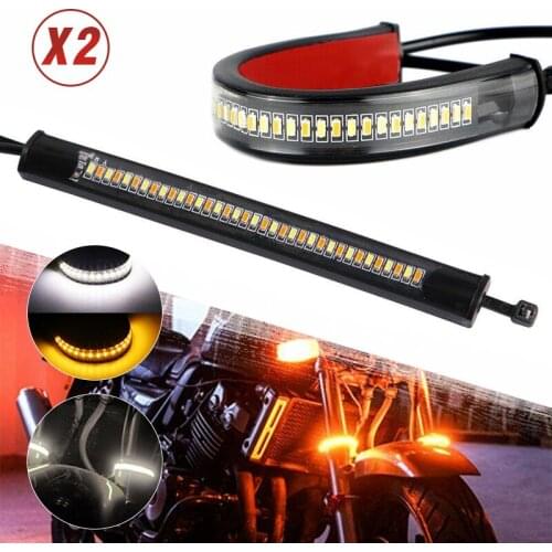 2pcs 12V Motorcycle Fork Flowing Water Amber LED Turn Signal Light White Day-time Running Strip Lamp DIY Moulding Parts