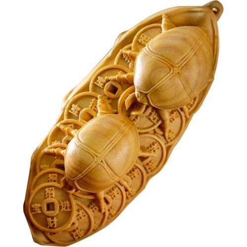 8cm Beetle and Coin Chinese Style Pray for Wealth Lucky Charm Solid Wood Sculpture Mens Gifts