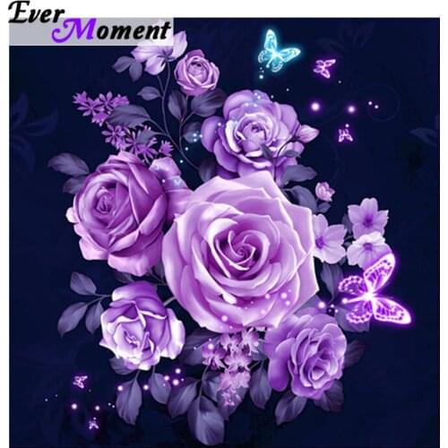 Ever Moment Diamond Painting Elegant Purple Flowers Diamond Painting Cross Stitch Kits Rose Full Square Butterfly ASF1020