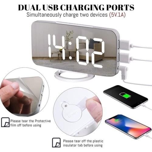Digital Alarm Clock Large Mirrored LED Display USB Charger Snooze Function Dim Mode Beside Desk Clock for Bedroom