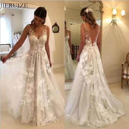 JIERUIZE Vintage Lace Appliques Boho Wedding Dresses V-neck Backless Beach Wedding Gowns Bride Dresses vestidos de novia