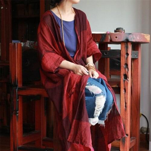 Johnature Women Vintage Trench Plaid Coats Pockets 2021 Autumn New Linen Cardigan Loose Casual Women Cloths Chinese Style Trench