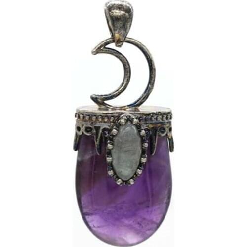 KFT Natural Healing Amethysts Crystal Quartz Reiki Antique Silver Plated Crescent Moon Labradorite Stone Pendant Jewelry