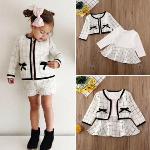 Spring Autumn 2PCS Kid Baby Girl Clothes Sets Plaid Jackets Coat+Long Sleeve A-Line Princess Dress Birthday Party Prom Outfits
