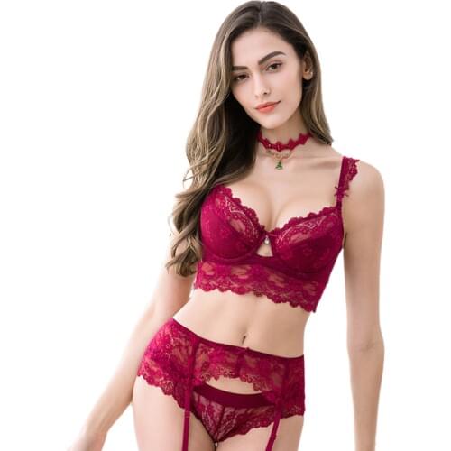 CYHWR sexy lace gather underwear set bra+panty+Y-line straps 3pcs ABCD cup for women