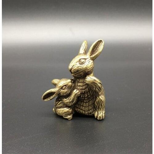 Copper Statue Collectable Chinese Brass Carved Animal Zodiac Mother Rabbit And Baby Rabbit Exquisite Small Statues