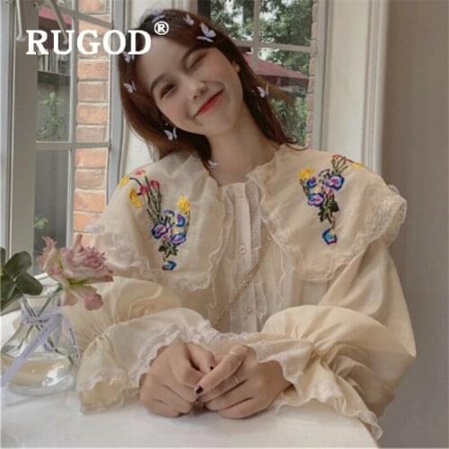 RUGOD fashion embroidery blouse women sweet peter pan collar flare sleeve loose blouse casual girls shirt blusa feminina
