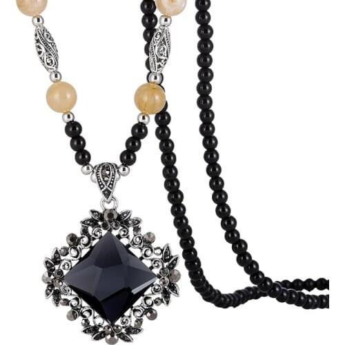 Fashion Womens Sweater Chain Beads Link Necklace Geometric Rhombus Crystal Ethnic Style Necklaces for Woman Jewelry