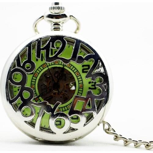Fashion Retro Night Luminous Steampunk Silver Hollow Arabic numeral Pendant Chain Mechanical Pocket Watch Men Jewelry Gift