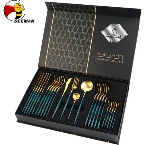 BEEMAN 24pcs Dinnerware Set Stainless Steel Tableware Set Knife Fork Spoon Luxury Cutlery Set Kitchen Flatware Dishwasher Safe