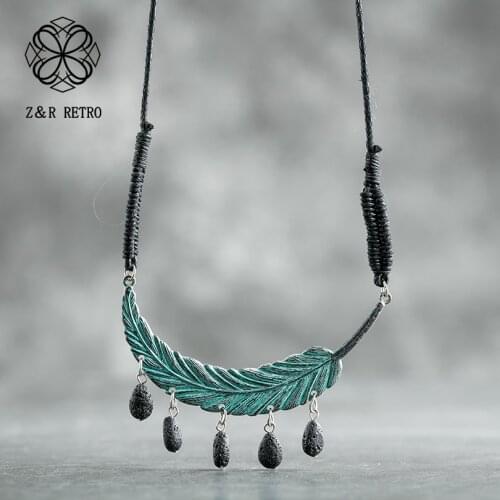 Green Feather Stone Beads Pendants Collar Necklace Women Vintage Jewelry Long Rope Chain Chokers Jewellery Suspension Alloy 2021