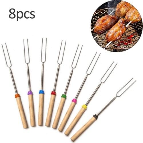 Marshmallow Roasting Stick with Wooden Handle Extendable Forks Telescoping Skewer Cooking Tool for Campfire Fire Pit Sausage BBQ
