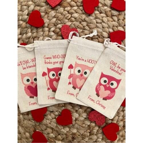 Custom Kids Valentines Day Party Favor Bag personalised Owl Assortment muslin bags Valentine welcome bag treat drawstring bag
