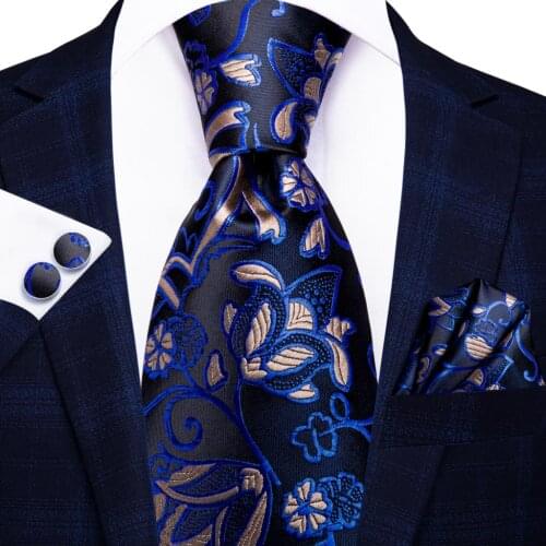 Hi-Tie Black Blue Floral Silk Wedding Necktie For Men Handky Cufflink Fashion Designer Tie For Men Business Party Dropshiping