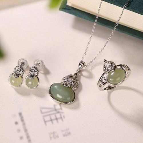S925 sterling silver Hetian gray jade stud earrings vintage Chinese style gourd womens earring pendant ring set