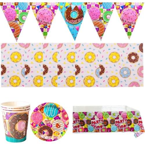 Happy Birthday Party Donut Theme Plates Girls Favors Cups Napkins Tablecloth Baby Shower Decorate Towel Banner 51Pcs/lot
