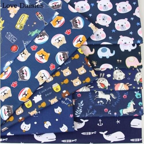 Cartoon NAVY BLUE Collection Traffic Dog Cat Bear Elephant Whale Unicorn 100% Cotton Twill Fabric for Patchwork Quilt Sheet