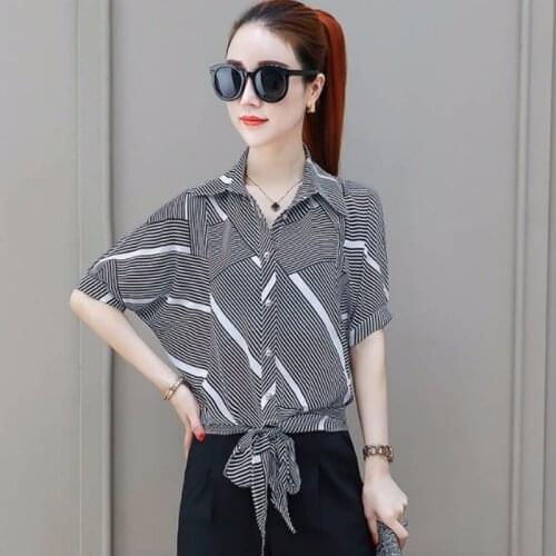 Summer Chiffon Women Shirts Fashion Polo-Neck Short Sleeve Loose Stripe Blouses Temperament Tops Blusas MM0351