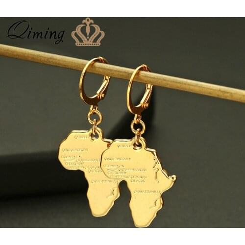 QIMING African Map Hoop Earrings For Women Ethnic Golden Long Dangle Drop Word Map Earrings Brincos Gift