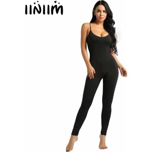Women Adult One-piece Playsuits Spaghetti Strapped Footless Stretchy Solid Tank Unitard Dancewear Leotard Bodysuit Jumpsuit