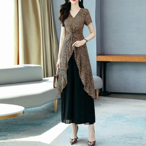 New WomenSummer Womens Set Short Sleeve Asymmetrical V Neck T-Shirt Top&Wide Leg Pants Suit Two Piece Set Casual Lady Outfits