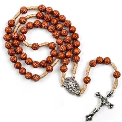 Fashion Handmade Women Party Religious Jewelry Plastic Bead Rose Shape Woven Catholic Rosary Necklace