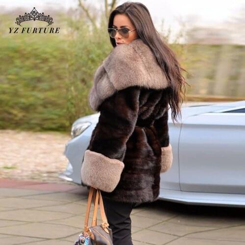 2021 New Winter Real Mink Fur With Fox Fur Collar Cuff Coat Women Full Pelt Outerwear Thick Warm Fashion Elegant Black Overdress