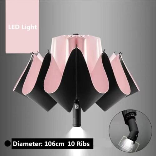 LED Automatic Windproof Umbrella With Reflective Stripe Reverse Light Umbrella Three Folding Inverted 10 Ribs Umbrellas