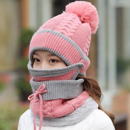 3Pcs Women Winter Thicken Warm Knitted Pompom Beanie Hat Cap Mask Neck Scarf Set soft