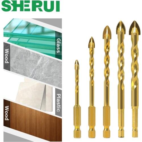 5pcs 7mm Hex Shank Twist Glass Bits Titanium Ceramic Drilling Drill Set 4 6 8 10 12mm Tile Concrete Cross Tip Hole Bit Tile