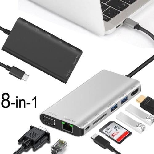 Type C Adapter for Macbook Thunderbolt 3 PC Huawei P20 P30 Phone to USB 3.0 Hub HDMI-compatible VGA RJ45 Ethernet SD Card Reader