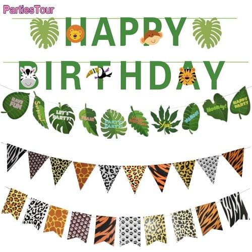 Jungle Safari Party Banner Birthday Wild One Theme Tigers Leopards Leaves Paper Pennant Baby Shower Animal Zoo Party Supplies