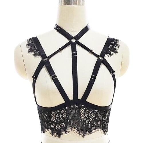 Women Kawaii Lace Body Harness Bra Chest Bondage Sexy Top Cage Breast Belt Lingerie Erotic Gothic Cage Bra Festival Rave