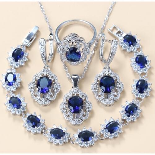 Dubai Jewelry Sets 925 Sterling Silver Blue Cubic Zirconia Dangle Earrings And Necklace Bracelet And Ring Women Gift Sets