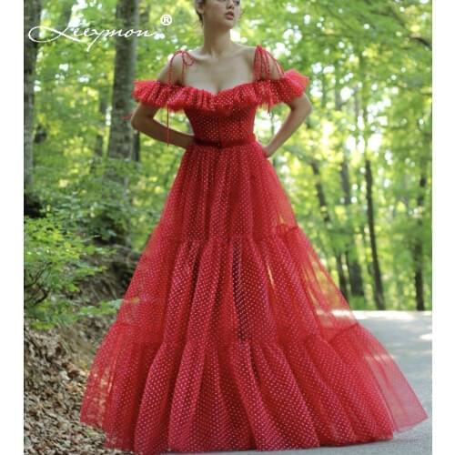 Leeymon A-line Red Polka Dots Evening Dress off Shoulder Thin Straps Ruffles Long Evening Gown Vestido De Festa Floor-Length