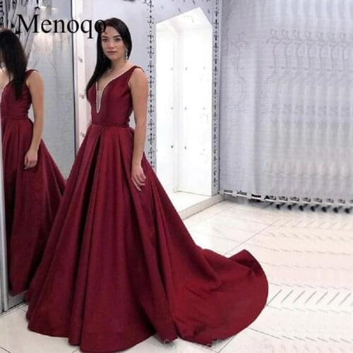 Menoqo Elegant Robe de soiree 2020 Sexy Backless Evening Dress For Party Gown Burgundy Long Train Evening Dress Custom Made