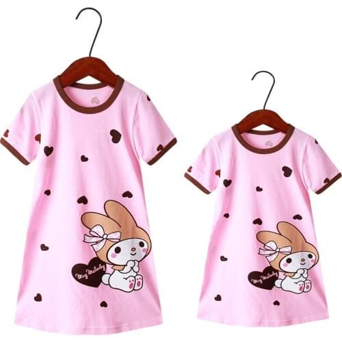 Lovely Cartoon Rabbits Mother and Daughter Clothes Family Matching Pajamas Sets Cotton Girls Cute Print Nightdress Short Sleeve