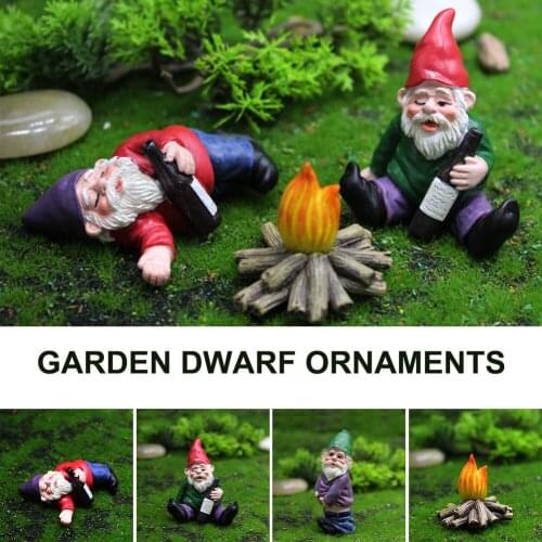 Fairy Garden Drunk Gnomes Miniature Ornaments Set Mini Dwarf Bonfire Statues for Planter Flowerpot Decor Garden Accessories
