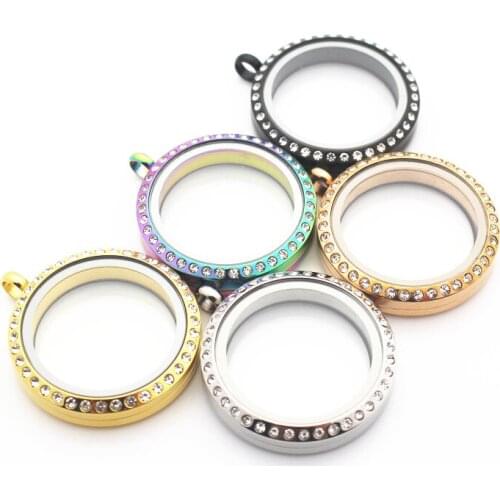 Mixs 5pcs/lot 30mm Stainless Steel 5 Colors Twist Rhinestone Floating Locket Pendant Round Living Glass Locket DIY Jewelry