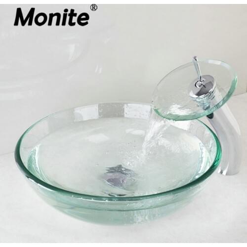 Monite Round Victory Clear Glass Bathroom Washbasin Sinks Glass Sink W/ Chrome Brass Faucet Set Waterfall Basin Sink