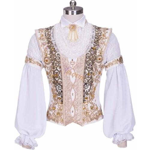 Mens Professional ballet tunic white gold boys princes ballet jacket chiffon Sleeves Male Ballet Top custom made Ballet Costume
