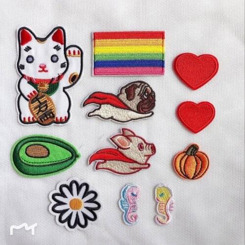 20pcs/lot Embroidery Patch Love Flying Pig Dog Fruit Seahorse Pumpkin Flower Lucky Cat Rainbow Clothing Decoration Iron