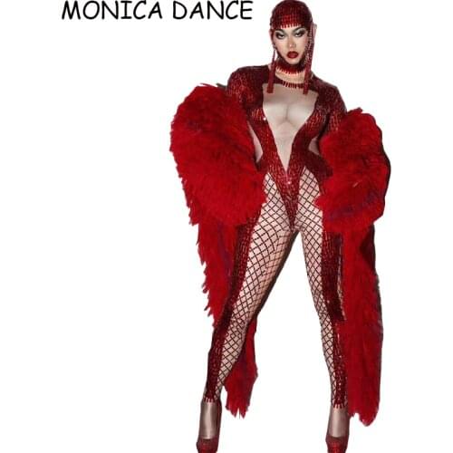 Sexy Red Sequin Party Prom Jumpsuit Long Cloak Women Stretch Rhinestone Bodysuit Nightclub Dance DJDS Singer Stage Outfits