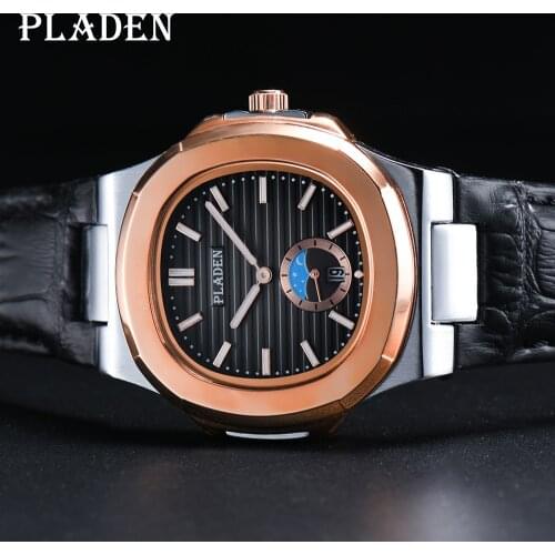 PLADEN New Luxury Brand Mens Wristwatch 30M Waterproof Sapphire Glass Watches Black Leather Sports Watch for Men montre homme