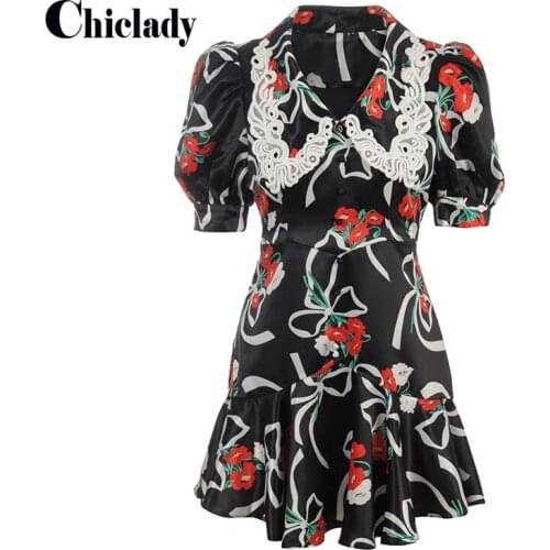 CHICLADY vintage peter pan collar puff sleeve flower printed mermaid mini dresses party with belt beading luxury robe vestidos